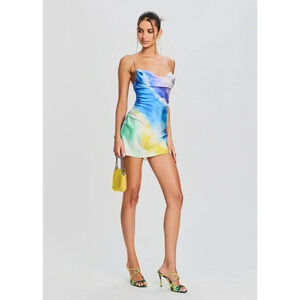 Retrofete Rylynn Silk Drape Mini Dress S in Watercolor Wave NWT $425